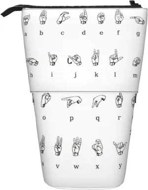 Sign Language Alphabet Print Telescopic Pencil Bag Pen Holder Pop Up Storage Case,Standing Portable pen Case