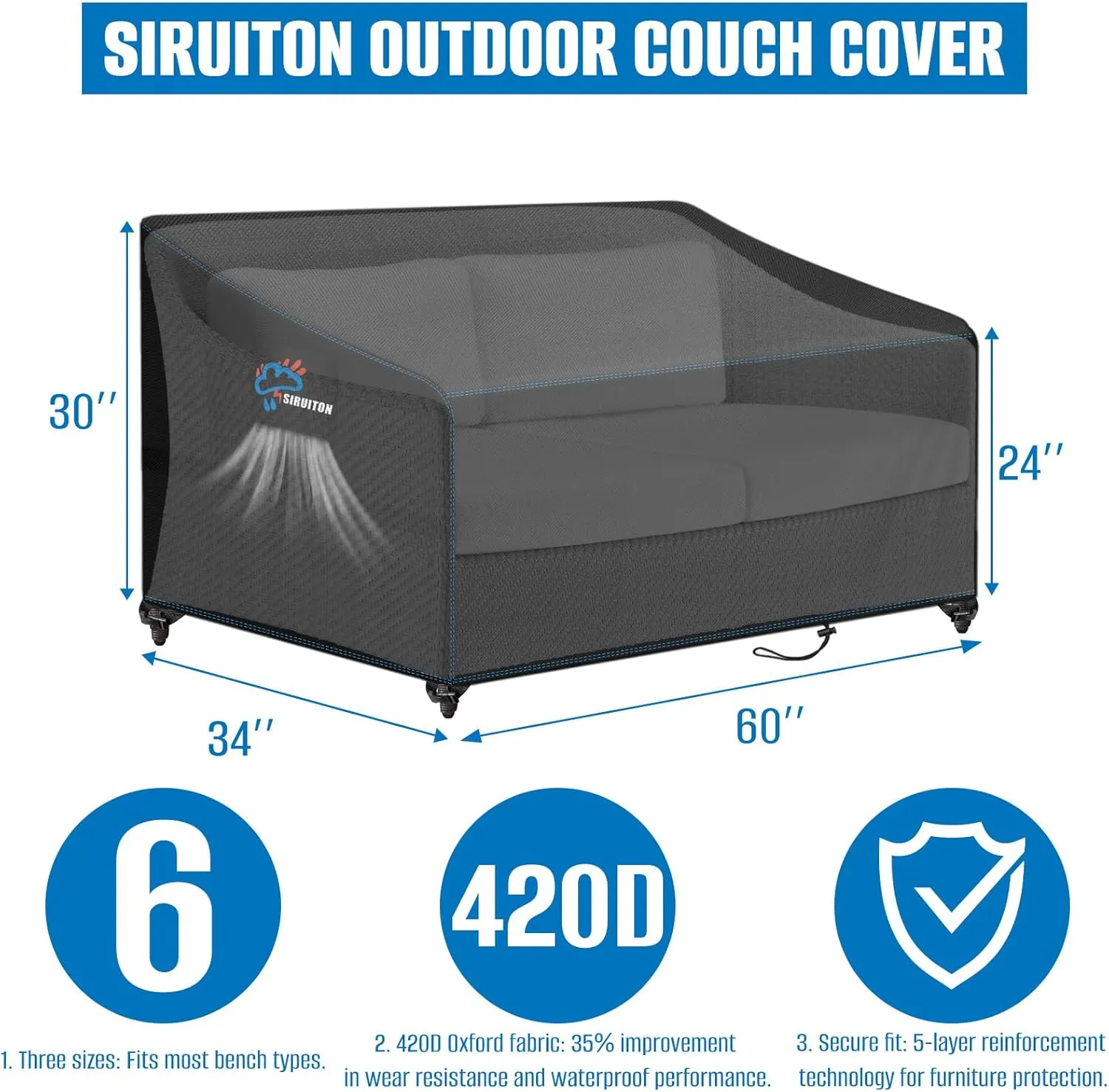 SIRUITON 2-Seat Heavy Duty Garden Patio Sofa/Loveseat/Bench Cover,420D Waterproof Outdoor Sofa Cover, Lawn Patio Furniture Covers Black,60" W x 34" D x 30" H