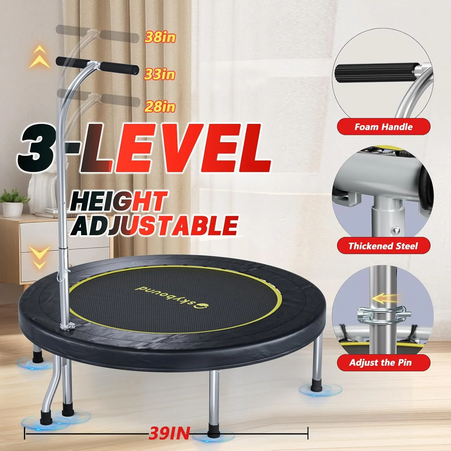 SkyBound Boogie Bounce Elite Foldable Mini Trampoline Fitness Rebounder with Adjustable T-Bar Handle - Exercise Trampoline for Adult - Fitness Trampoline for Workout Trainer
