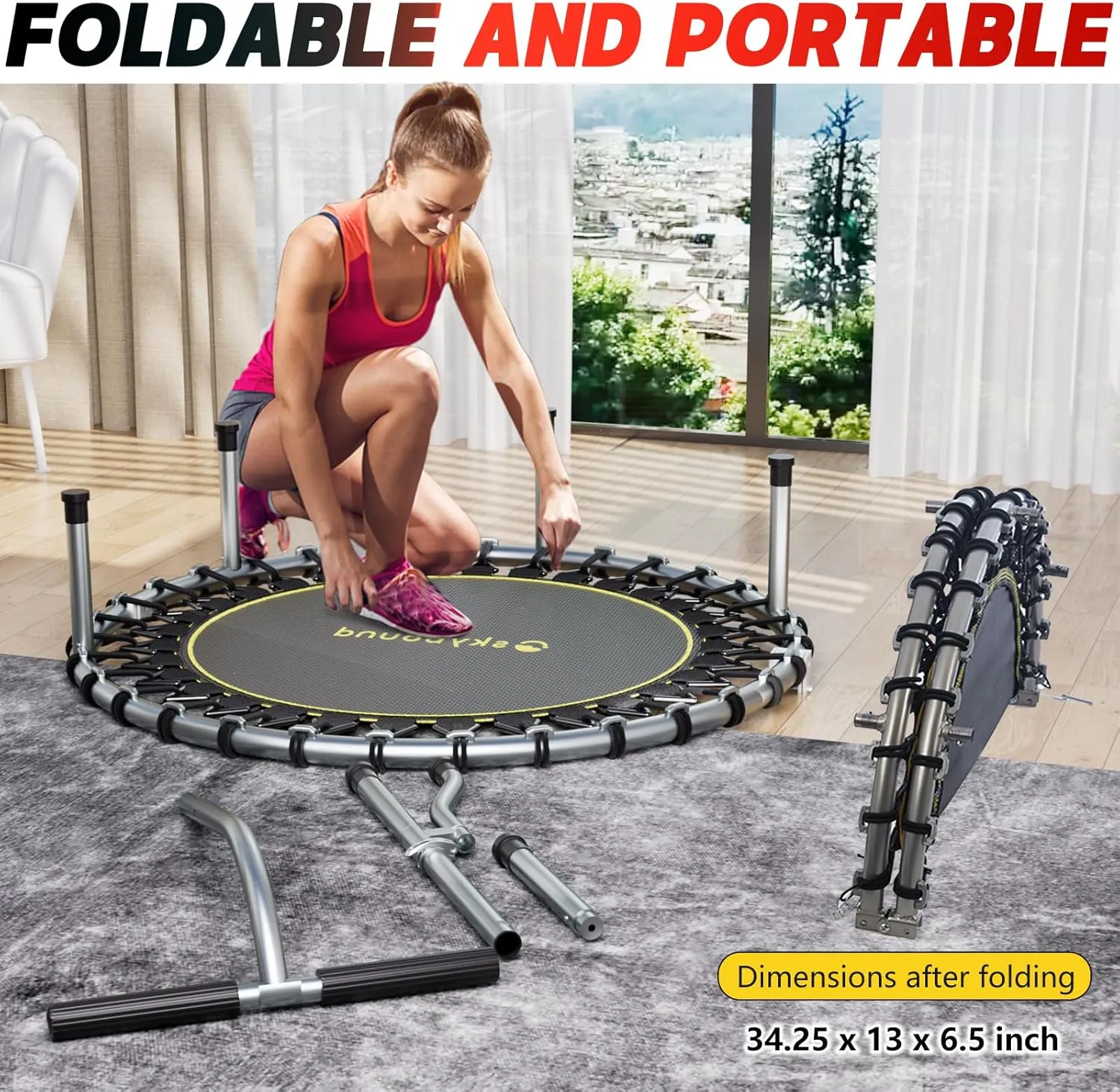 SkyBound Boogie Bounce Elite Foldable Mini Trampoline Fitness Rebounder with Adjustable T-Bar Handle - Exercise Trampoline for Adult - Fitness Trampoline for Workout Trainer