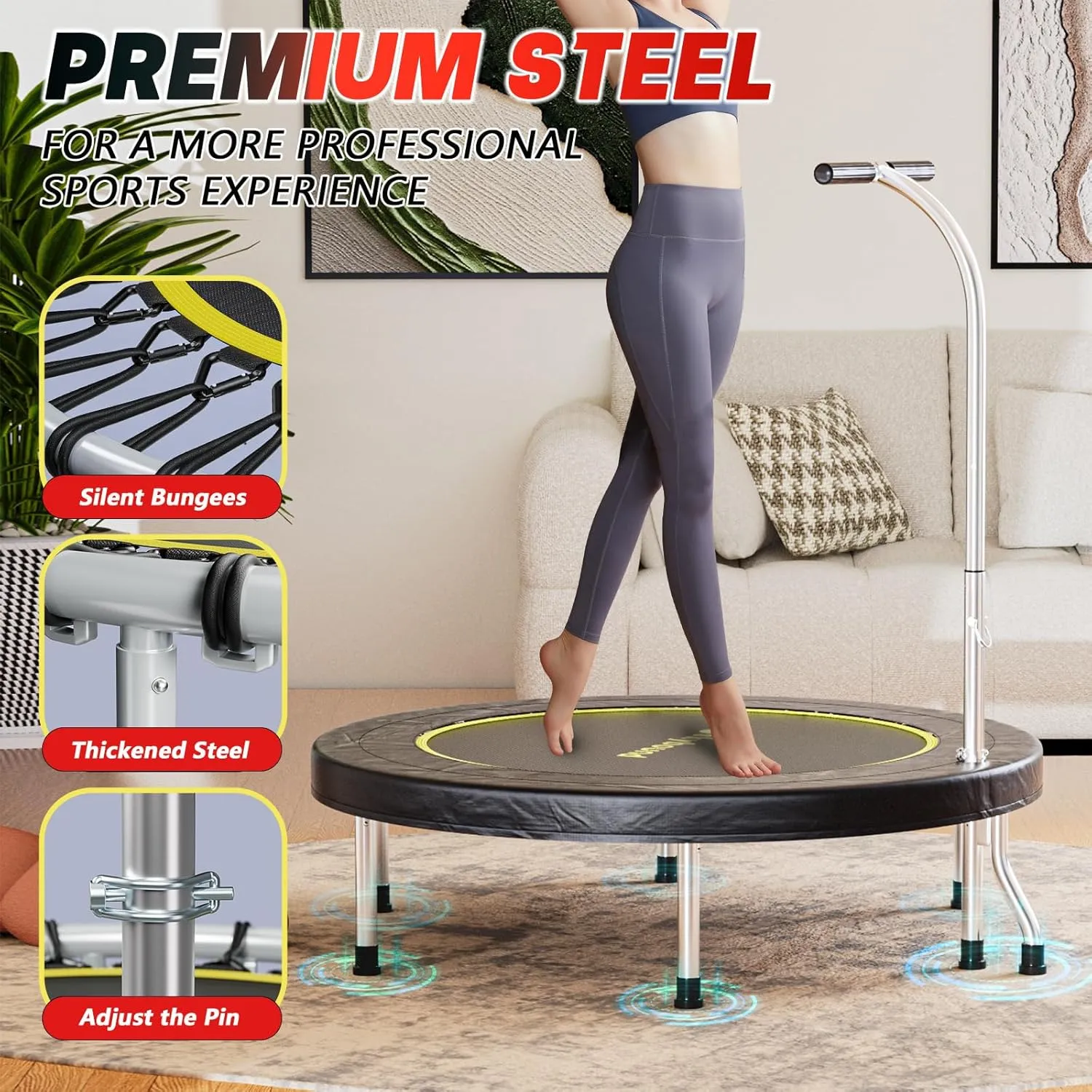 SkyBound Boogie Bounce Elite Foldable Mini Trampoline Fitness Rebounder with Adjustable T-Bar Handle - Exercise Trampoline for Adult - Fitness Trampoline for Workout Trainer