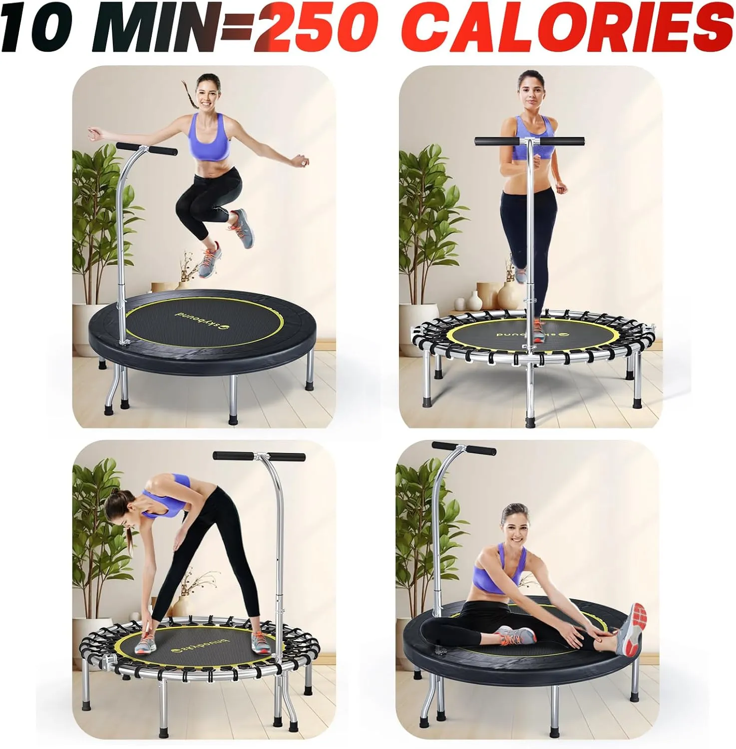 SkyBound Boogie Bounce Elite Foldable Mini Trampoline Fitness Rebounder with Adjustable T-Bar Handle - Exercise Trampoline for Adult - Fitness Trampoline for Workout Trainer