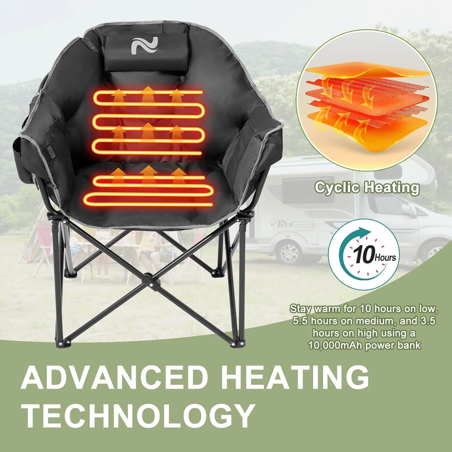 Slsy Oversized Heated Camping Chair Heats Back and Seat, Heated Chairs Outdoor Lawn Chair with Pillow, 3 Heat Levels Heavy Duty Heated Moon Chair for Camping, Picnic, Lounge Patio