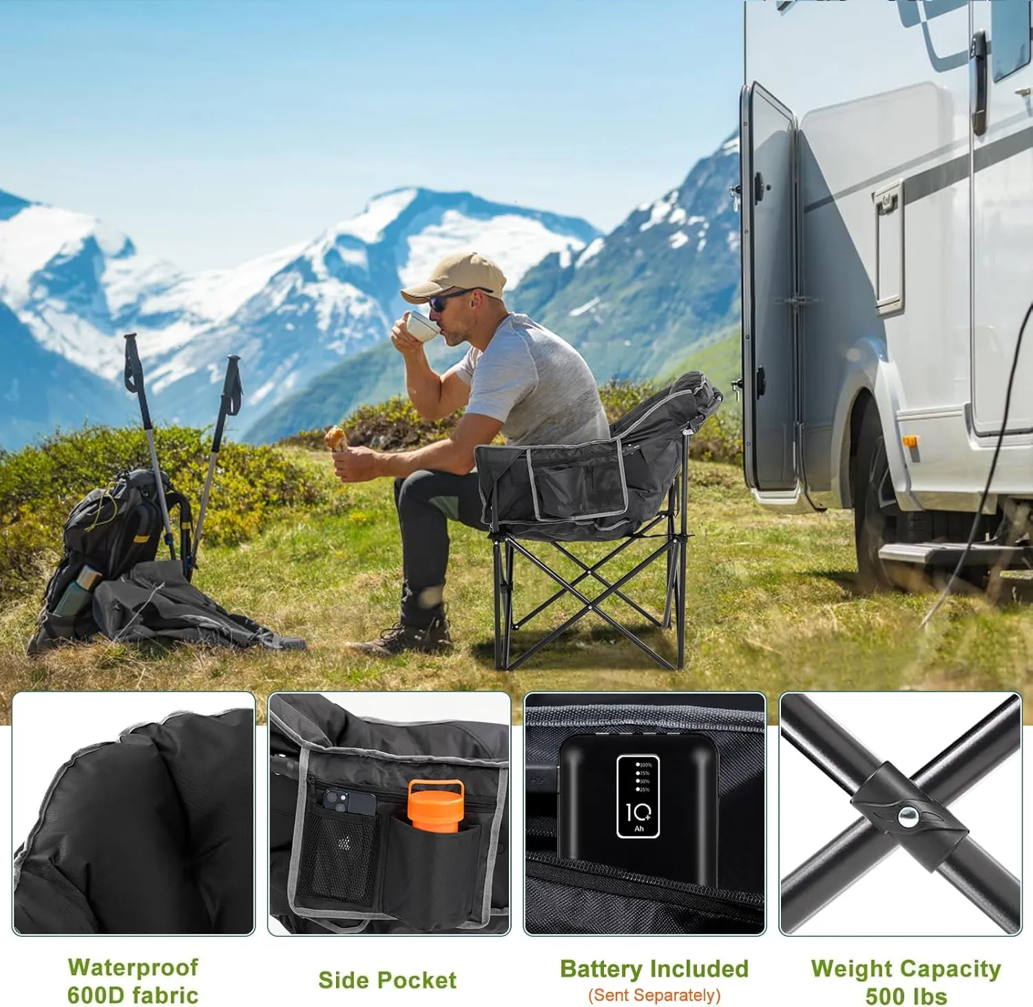Slsy Oversized Heated Camping Chair Heats Back and Seat, Heated Chairs Outdoor Lawn Chair with Pillow, 3 Heat Levels Heavy Duty Heated Moon Chair for Camping, Picnic, Lounge Patio
