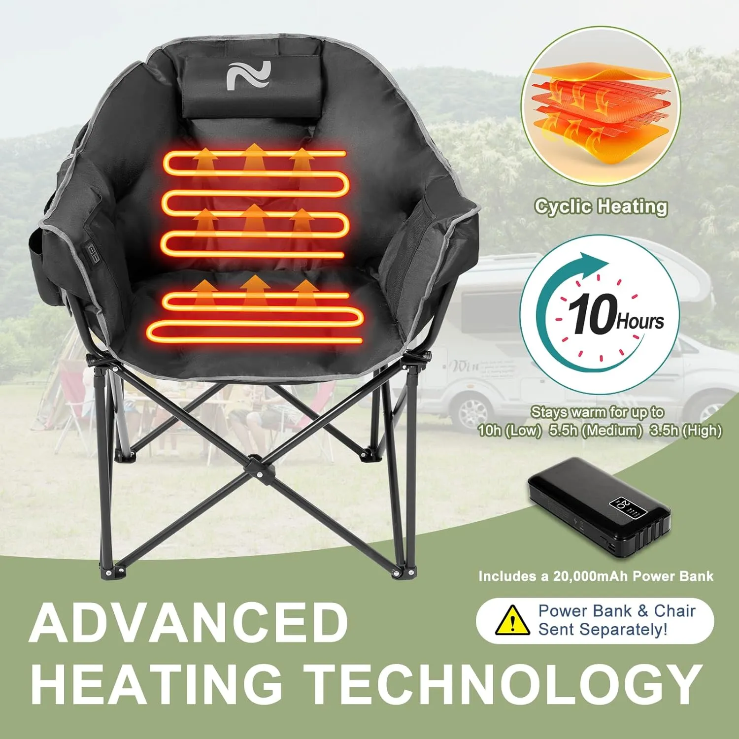 Slsy Oversized Heated Camping Chair Heats Back and Seat, Heated Chairs Outdoor Lawn Chair with Pillow, 3 Heat Levels Heavy Duty Heated Moon Chair for Camping, Picnic, Lounge Patio
