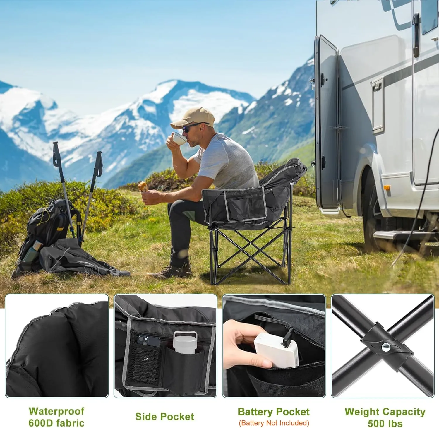 Slsy Oversized Heated Camping Chair Heats Back and Seat, Heated Chairs Outdoor Lawn Chair with Pillow, 3 Heat Levels Heavy Duty Heated Moon Chair for Camping, Picnic, Lounge Patio