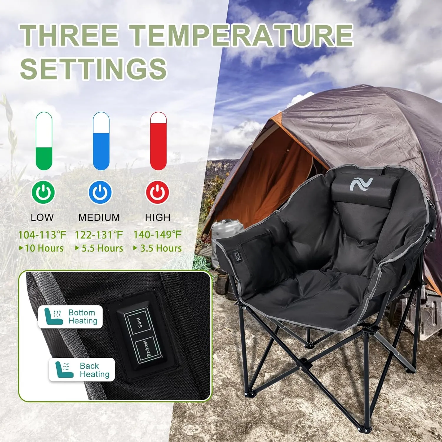 Slsy Oversized Heated Camping Chair Heats Back and Seat, Heated Chairs Outdoor Lawn Chair with Pillow, 3 Heat Levels Heavy Duty Heated Moon Chair for Camping, Picnic, Lounge Patio