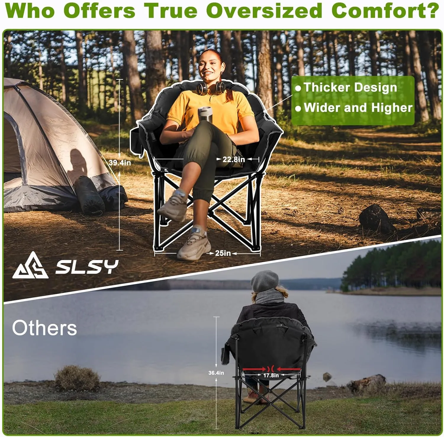 Slsy Oversized Heated Camping Chair Heats Back and Seat, Heated Chairs Outdoor Lawn Chair with Pillow, 3 Heat Levels Heavy Duty Heated Moon Chair for Camping, Picnic, Lounge Patio