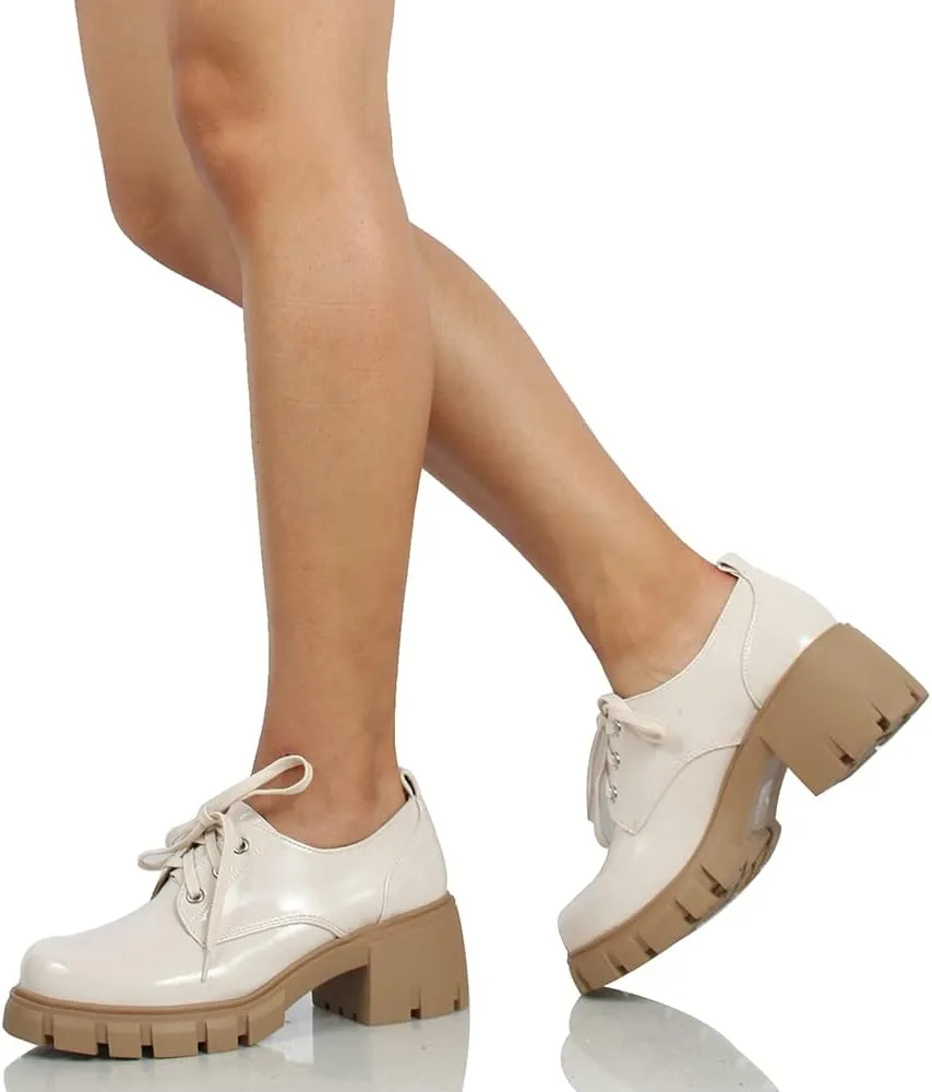 Soda Women's JoJo Lace Up Oxford Lug Platform Block Heel Shoes