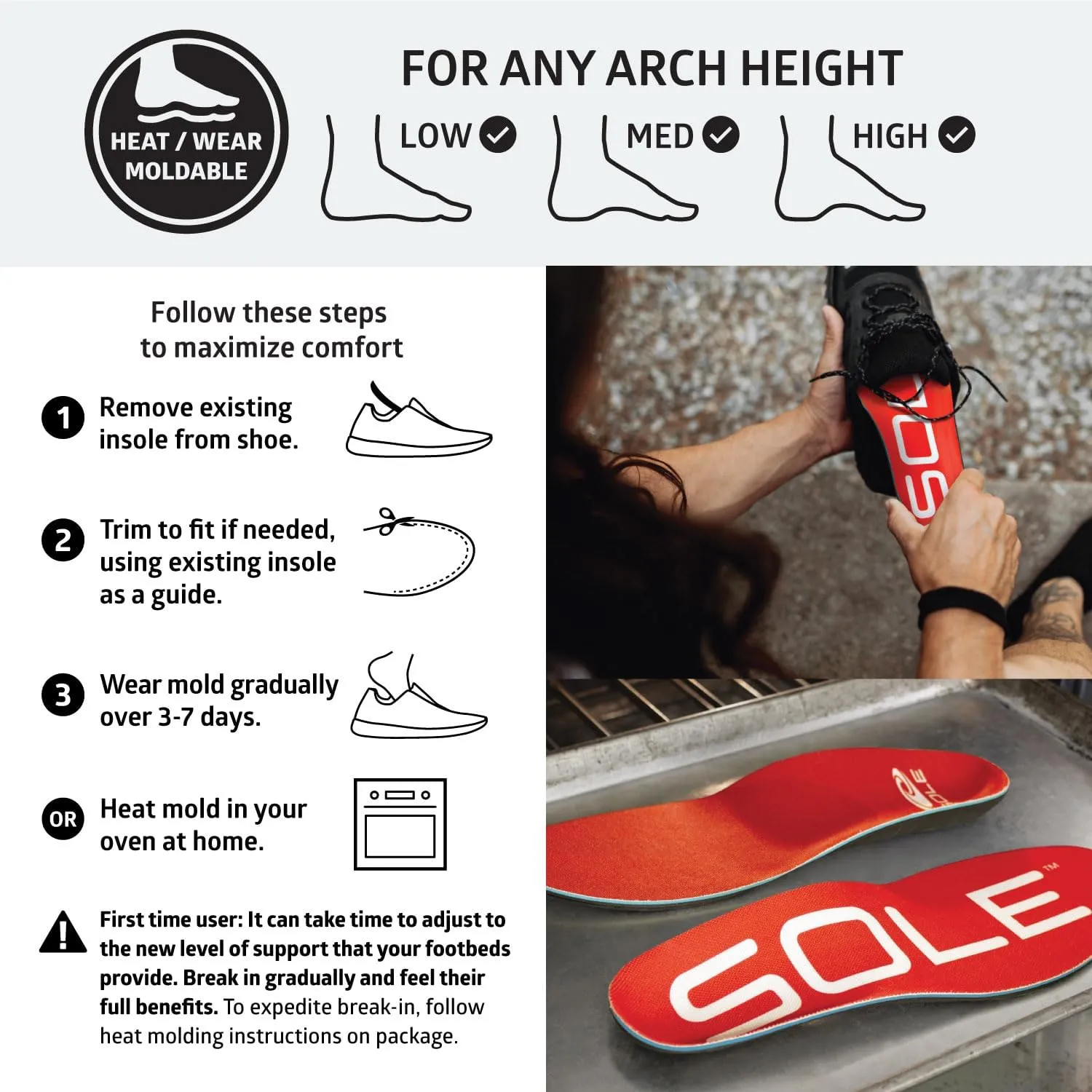 SOLE Active Medium - Plantar Fasciitis Relief Arch Support Insoles - Orthotic Shoe Inserts - Men's Size 4/Women's Size 6