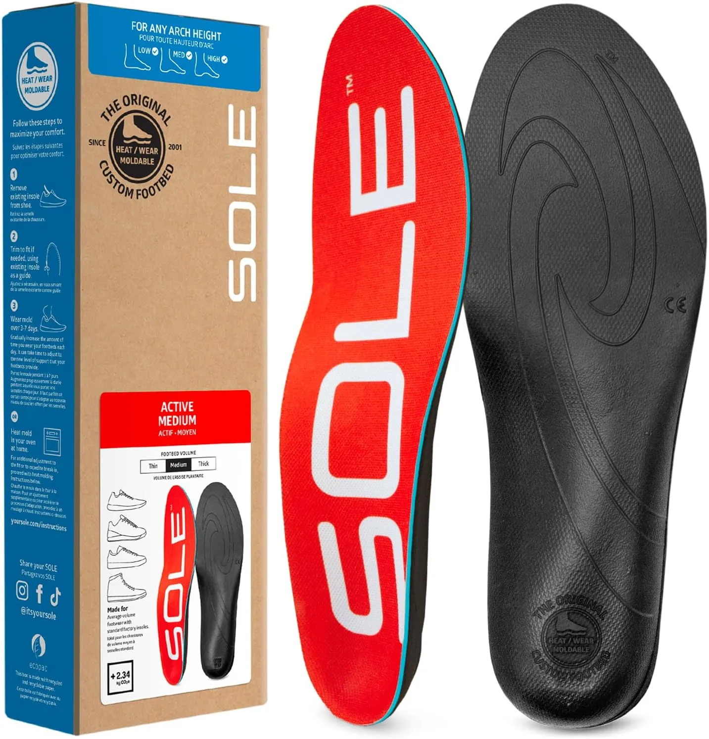 SOLE Active Medium - Plantar Fasciitis Relief Arch Support Insoles - Orthotic Shoe Inserts - Men's Size 4/Women's Size 6
