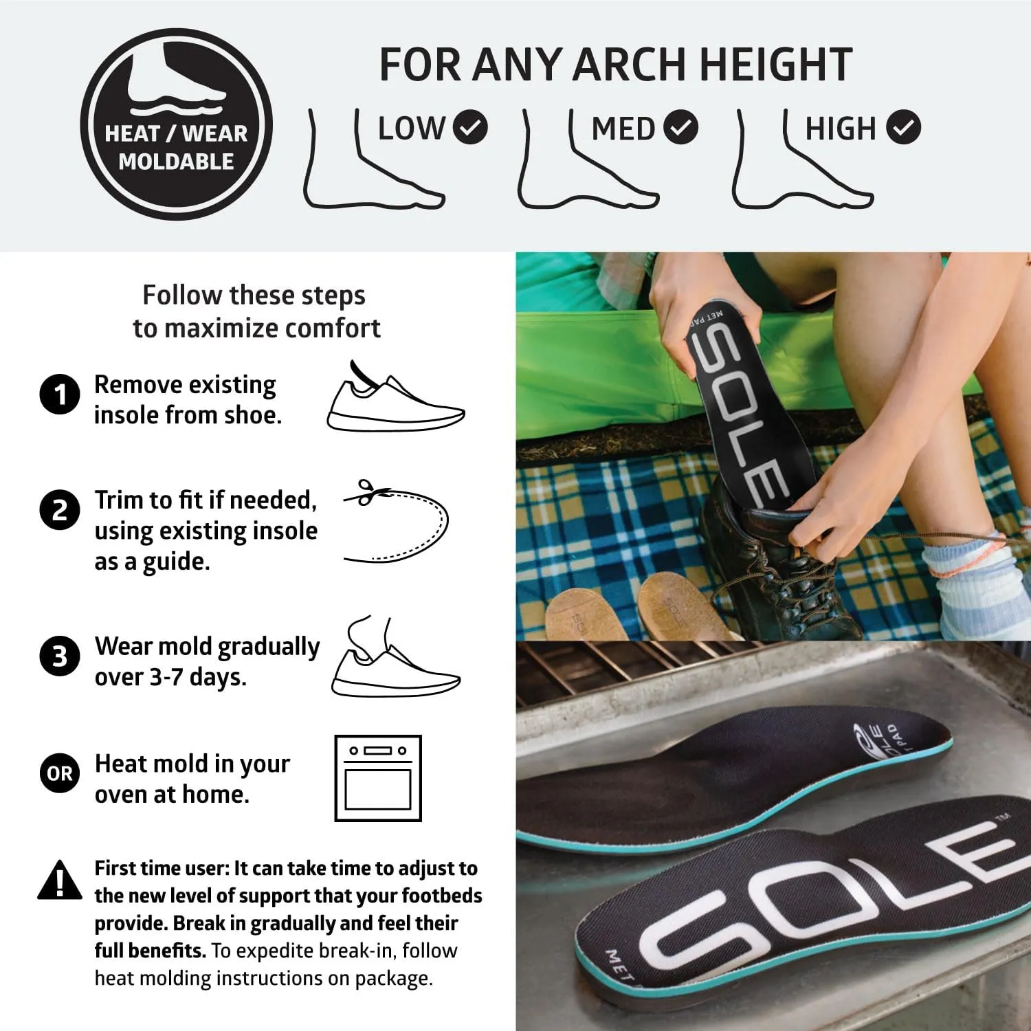 SOLE Active Thick Plantar Fasciitis Insoles, Men & Women - Arch Support Inserts for Foot Health and Heel Pain Relief, Orthotic Inserts - Multiple Sizes