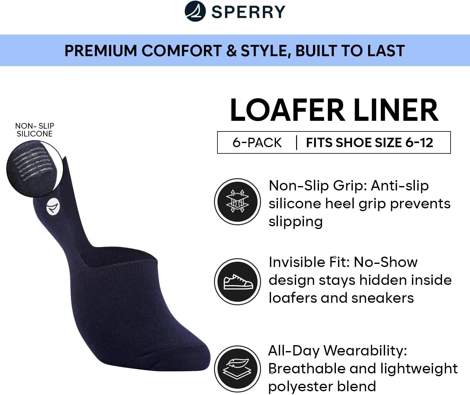 Sperry Men's 6-Pack Loafer Socks, Non-Slip No Show Socks for Boat Shoes, Ultra Low Cut Invisible Liners with Heel Grip