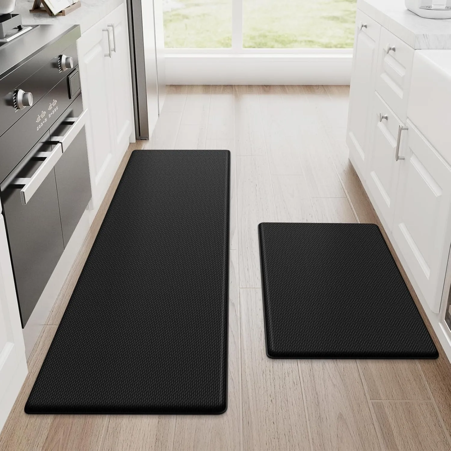 StepRite Kitchen Mats, 2PCS Kitchen Rugs, Cushioned Anti Fatigue Kitchen Mats for Floor, Non-Slip Standing Desk Mat, Waterproof Kitchen Rug Set for Kitchen, Floor, Office, 17.3"x30" 17.3"x47", Black