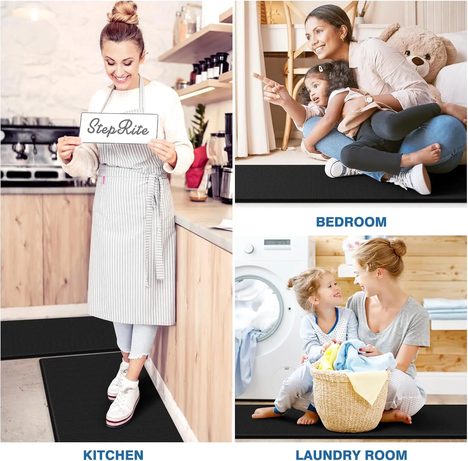 StepRite Kitchen Mats, 2PCS Kitchen Rugs, Cushioned Anti Fatigue Kitchen Mats for Floor, Non-Slip Standing Desk Mat, Waterproof Kitchen Rug Set for Kitchen, Floor, Office, 17.3"x30" 17.3"x47", Black