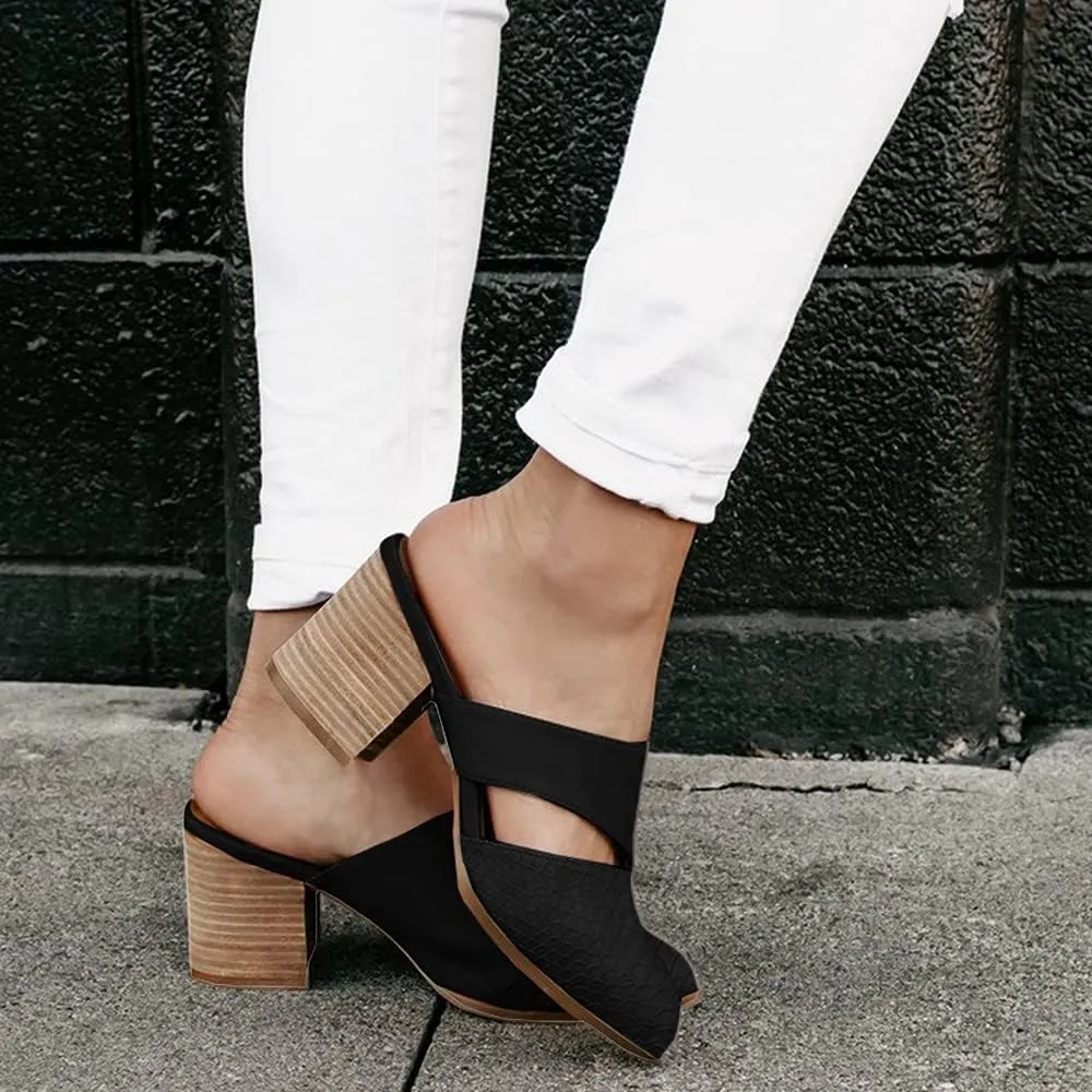 Syktkmx Women's Cutout Backless Mules Slip On Closed Toe Chunky Stacked Heeled Sandals