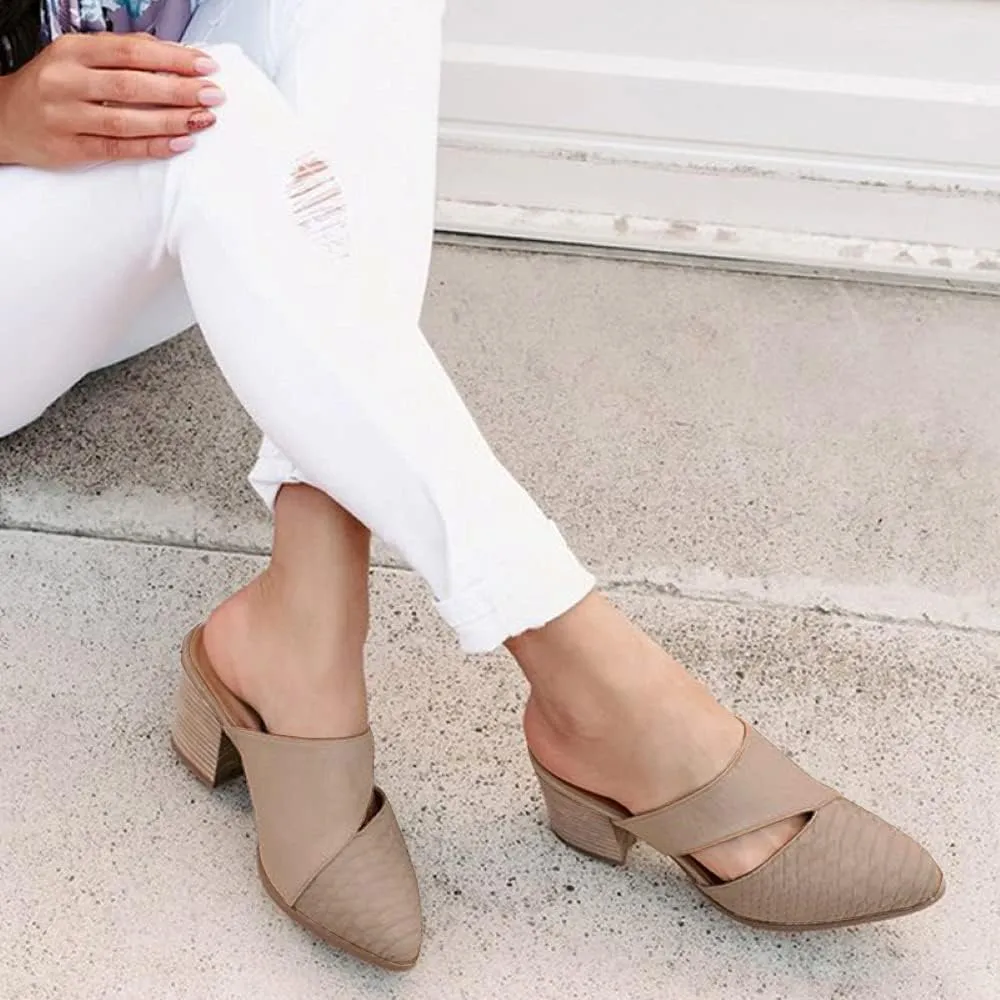 Syktkmx Women's Cutout Backless Mules Slip On Closed Toe Chunky Stacked Heeled Sandals