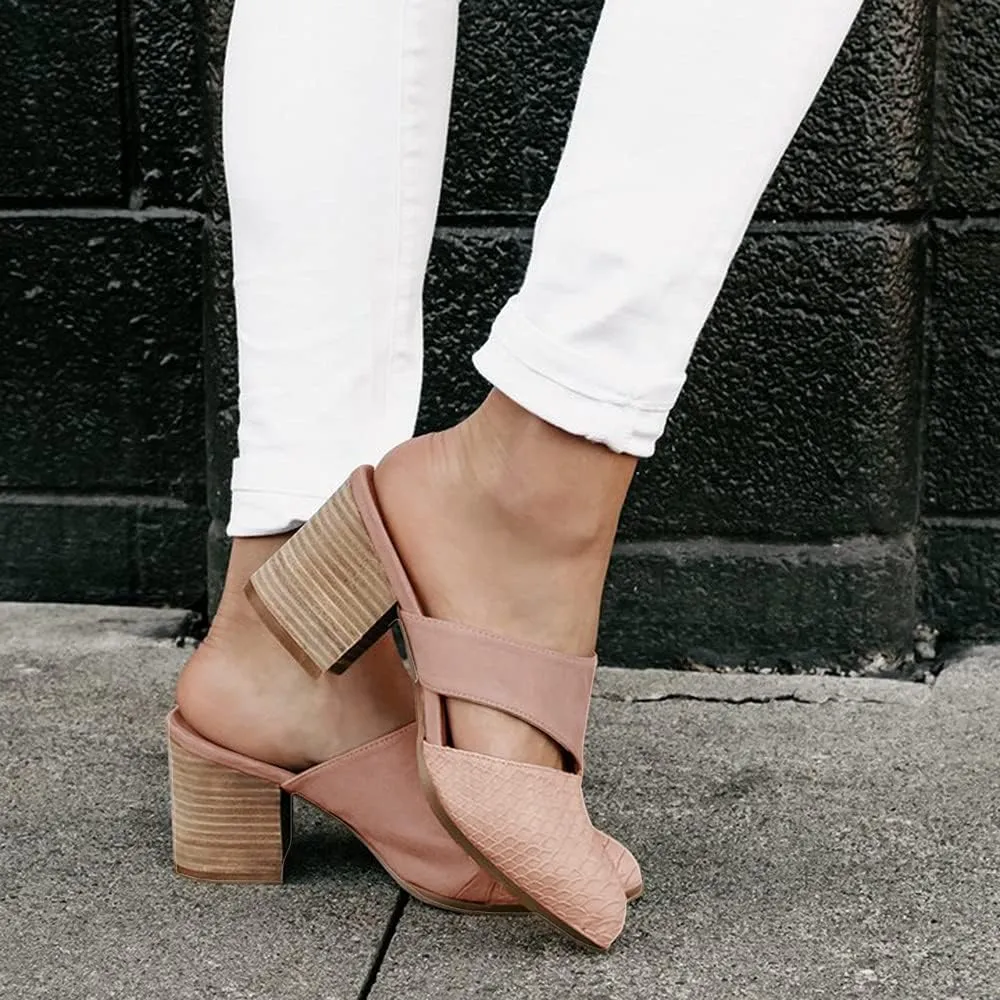 Syktkmx Women's Cutout Backless Mules Slip On Closed Toe Chunky Stacked Heeled Sandals