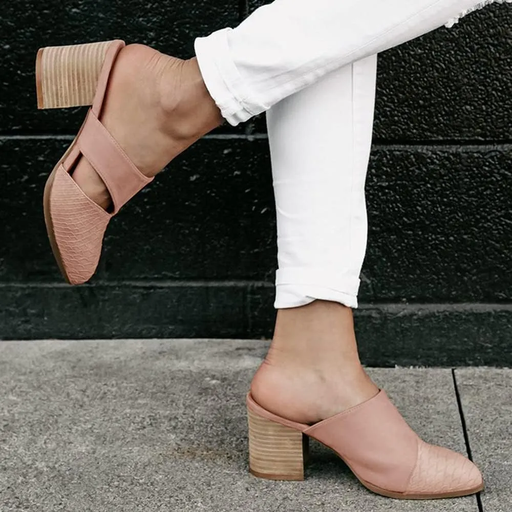 Syktkmx Women's Cutout Backless Mules Slip On Closed Toe Chunky Stacked Heeled Sandals
