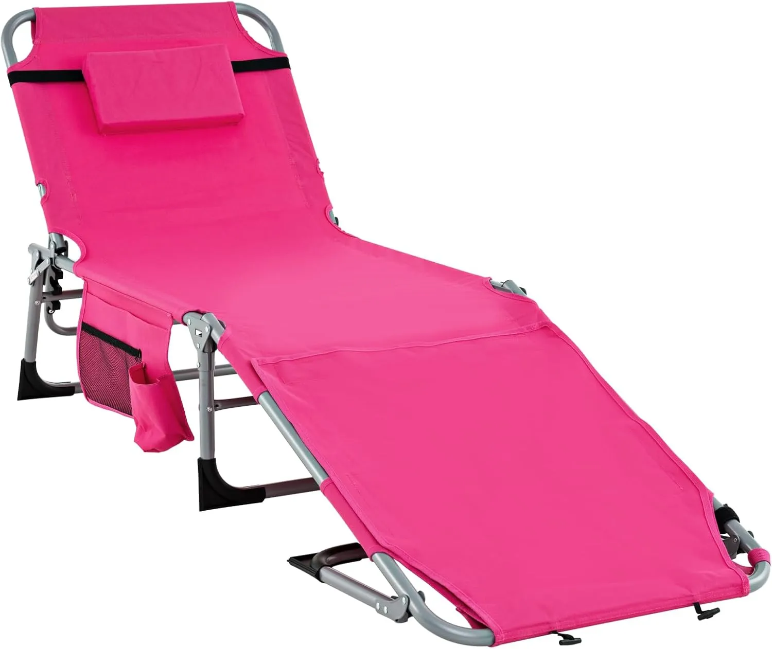 Tangkula Tanning Chair, Outdoor Folding Beach Lounge Chair with Face Hole, Adjustable Footrest, Removable Pillow, Storage Pocket, 5-Position Sunbathing Chair for Outside Beach (1, Pink)