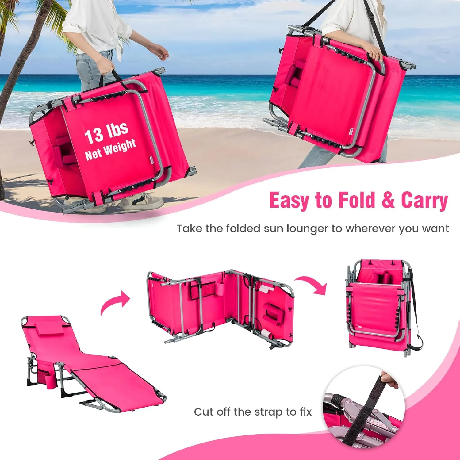 Tangkula Tanning Chair, Outdoor Folding Beach Lounge Chair with Face Hole, Adjustable Footrest, Removable Pillow, Storage Pocket, 5-Position Sunbathing Chair for Outside Beach (1, Pink)