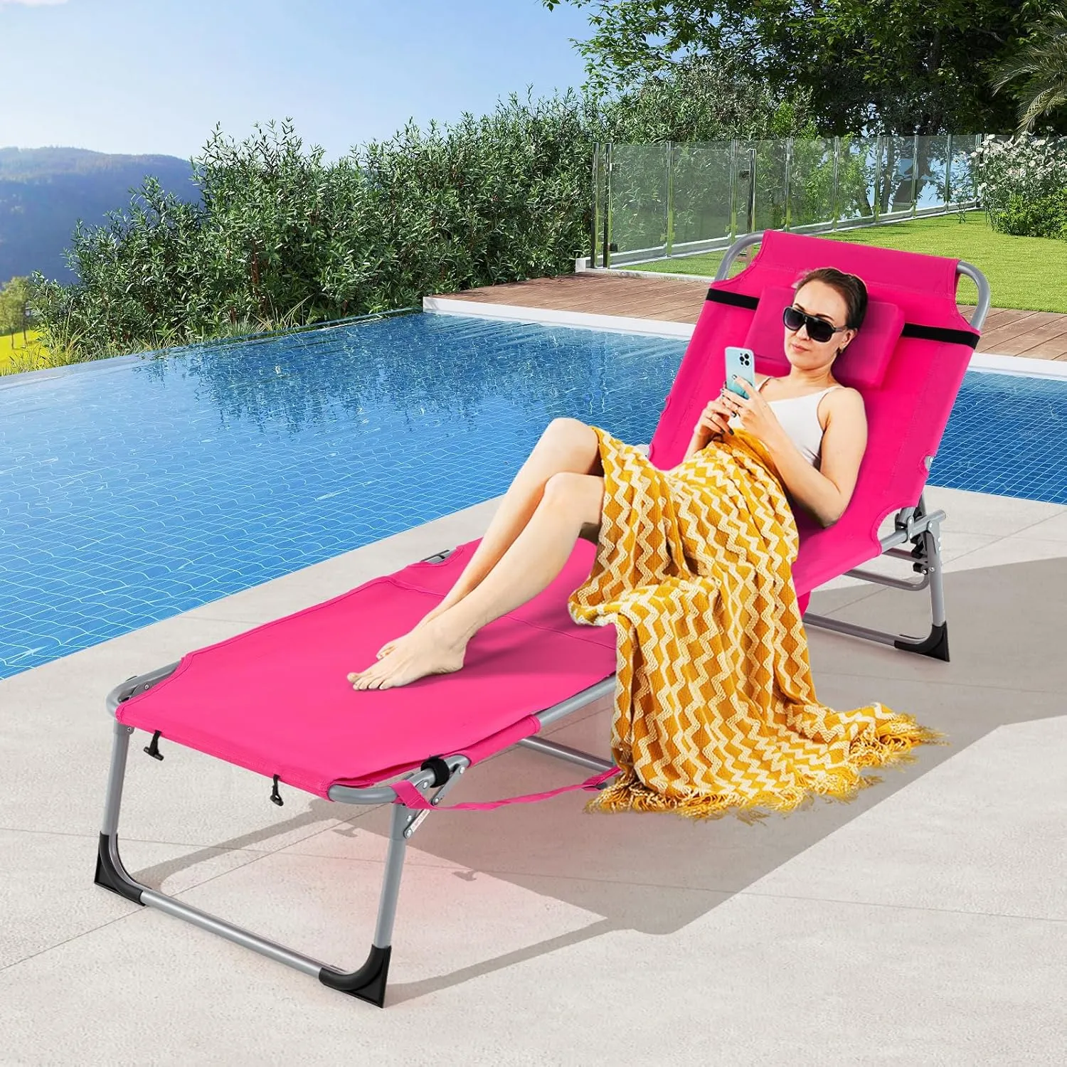 Tangkula Tanning Chair, Outdoor Folding Beach Lounge Chair with Face Hole, Adjustable Footrest, Removable Pillow, Storage Pocket, 5-Position Sunbathing Chair for Outside Beach (1, Pink)