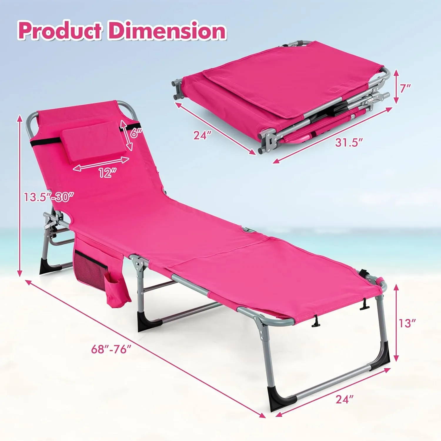 Tangkula Tanning Chair, Outdoor Folding Beach Lounge Chair with Face Hole, Adjustable Footrest, Removable Pillow, Storage Pocket, 5-Position Sunbathing Chair for Outside Beach (1, Pink)