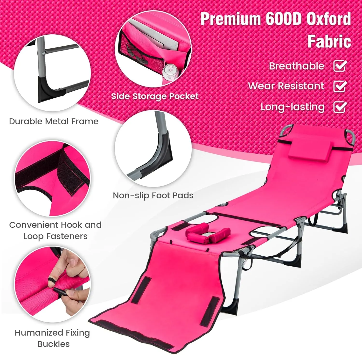 Tangkula Tanning Chair, Outdoor Folding Beach Lounge Chair with Face Hole, Adjustable Footrest, Removable Pillow, Storage Pocket, 5-Position Sunbathing Chair for Outside Beach (1, Pink)
