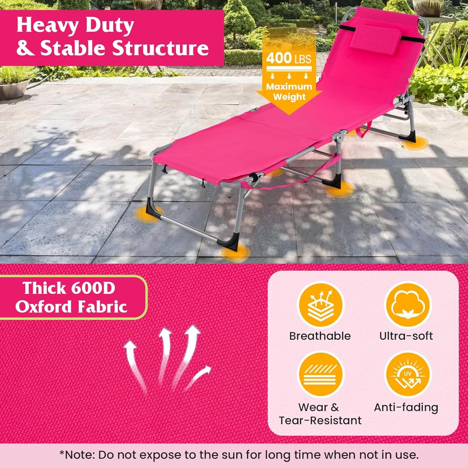 Tangkula Tanning Chair, Outdoor Folding Beach Lounge Chair with Face Hole, Adjustable Footrest, Removable Pillow, Storage Pocket, 5-Position Sunbathing Chair for Outside Beach (1, Pink)