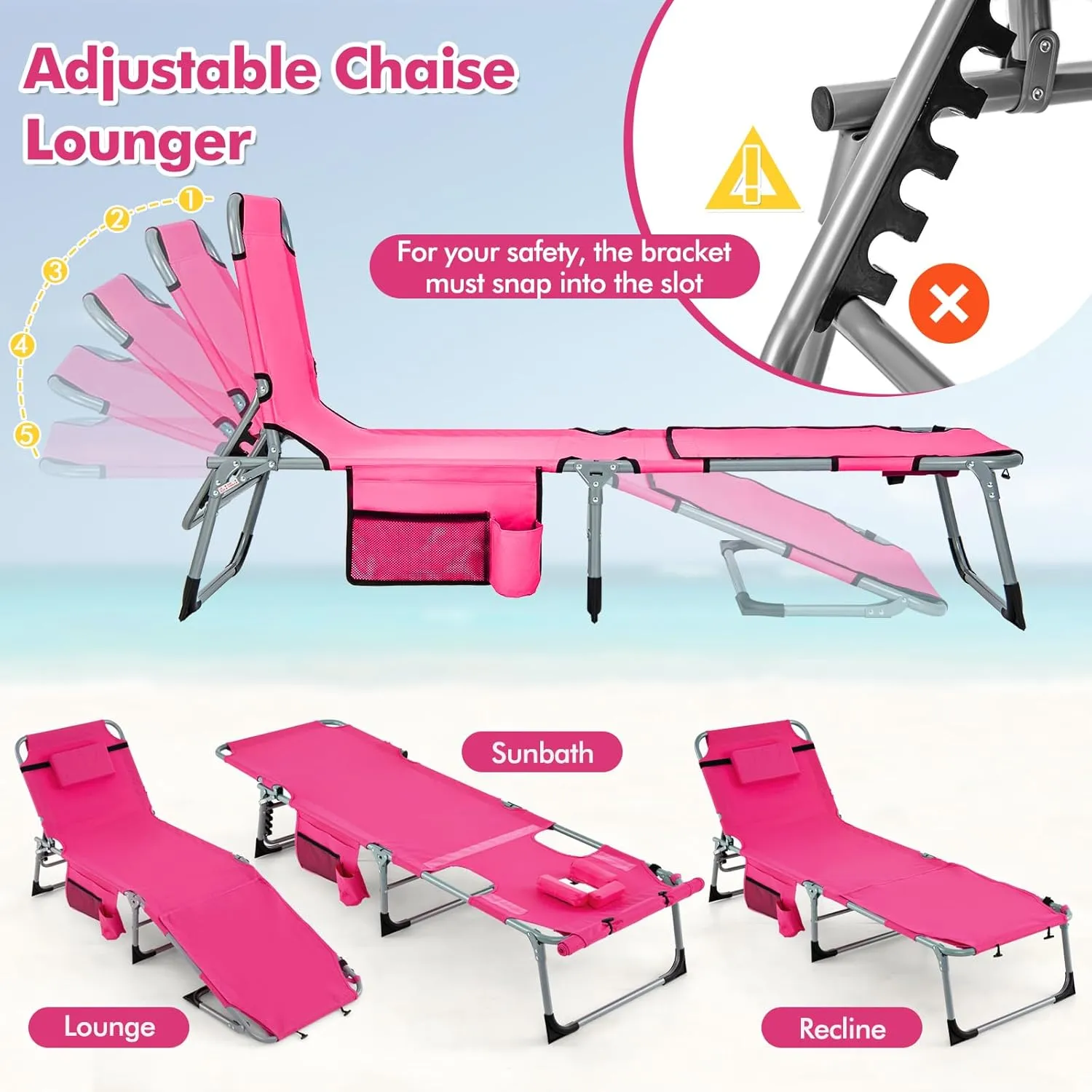 Tangkula Tanning Chair, Outdoor Folding Beach Lounge Chair with Face Hole, Adjustable Footrest, Removable Pillow, Storage Pocket, 5-Position Sunbathing Chair for Outside Beach (1, Pink)