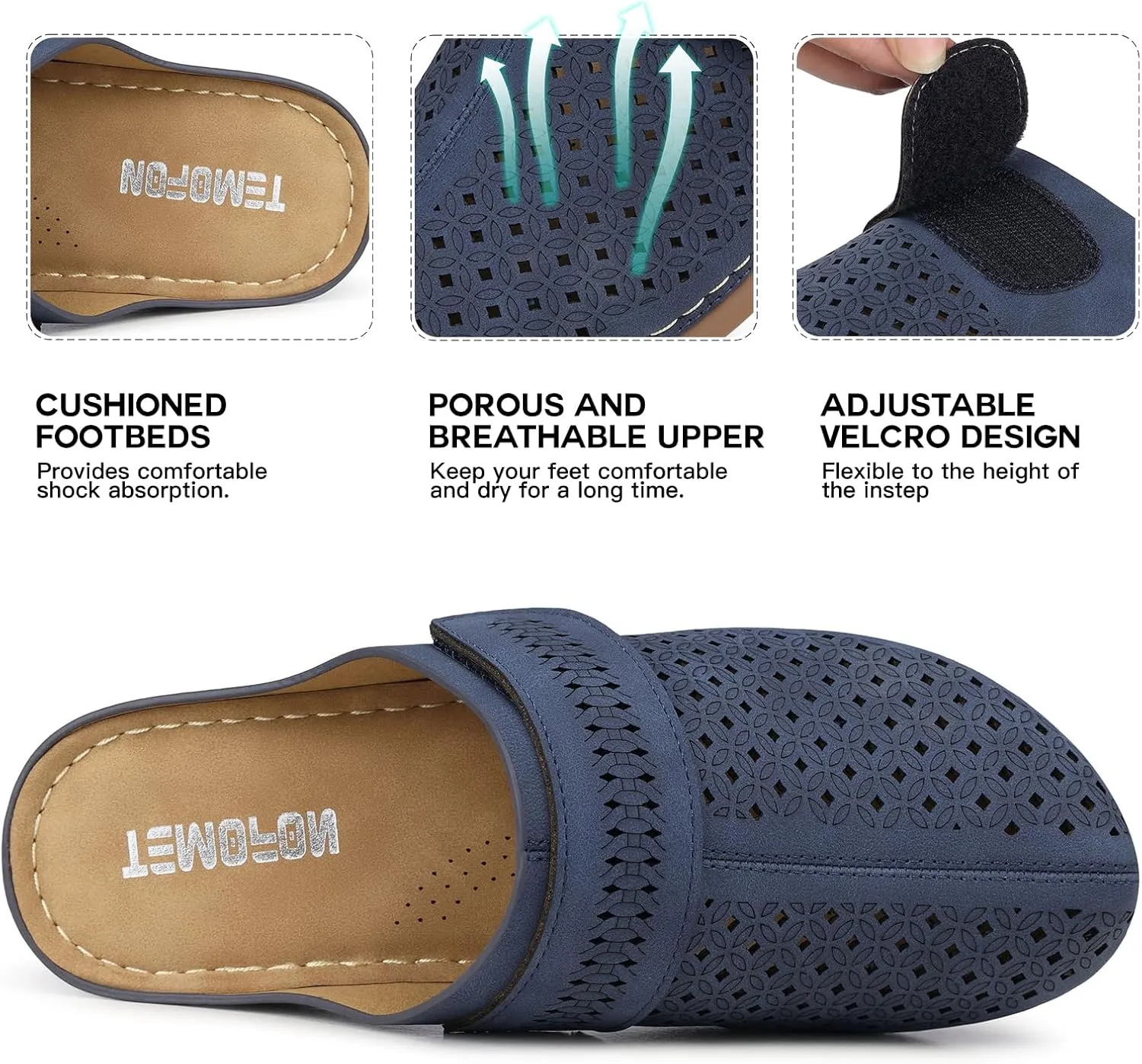 TEMOFON Clogs for Women Mules Shoes: Comfortable Arch Support Closed Toe Sandals Backless Low Wedge Slip on Shoes