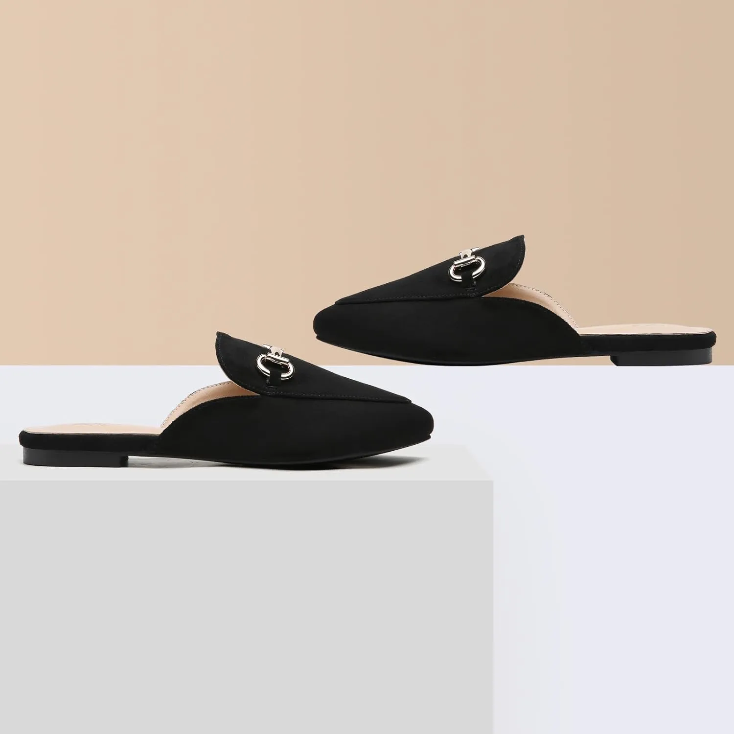 Tilocow Metal Buckle Mules for Women Round Toe Backless Flats Mules Slides Mules Shoes Ladies Slip-on Loafers for Women