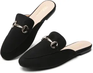 Tilocow Metal Buckle Mules for Women Round Toe Backless Flats Mules Slides Mules Shoes Ladies Slip-on Loafers for Women
