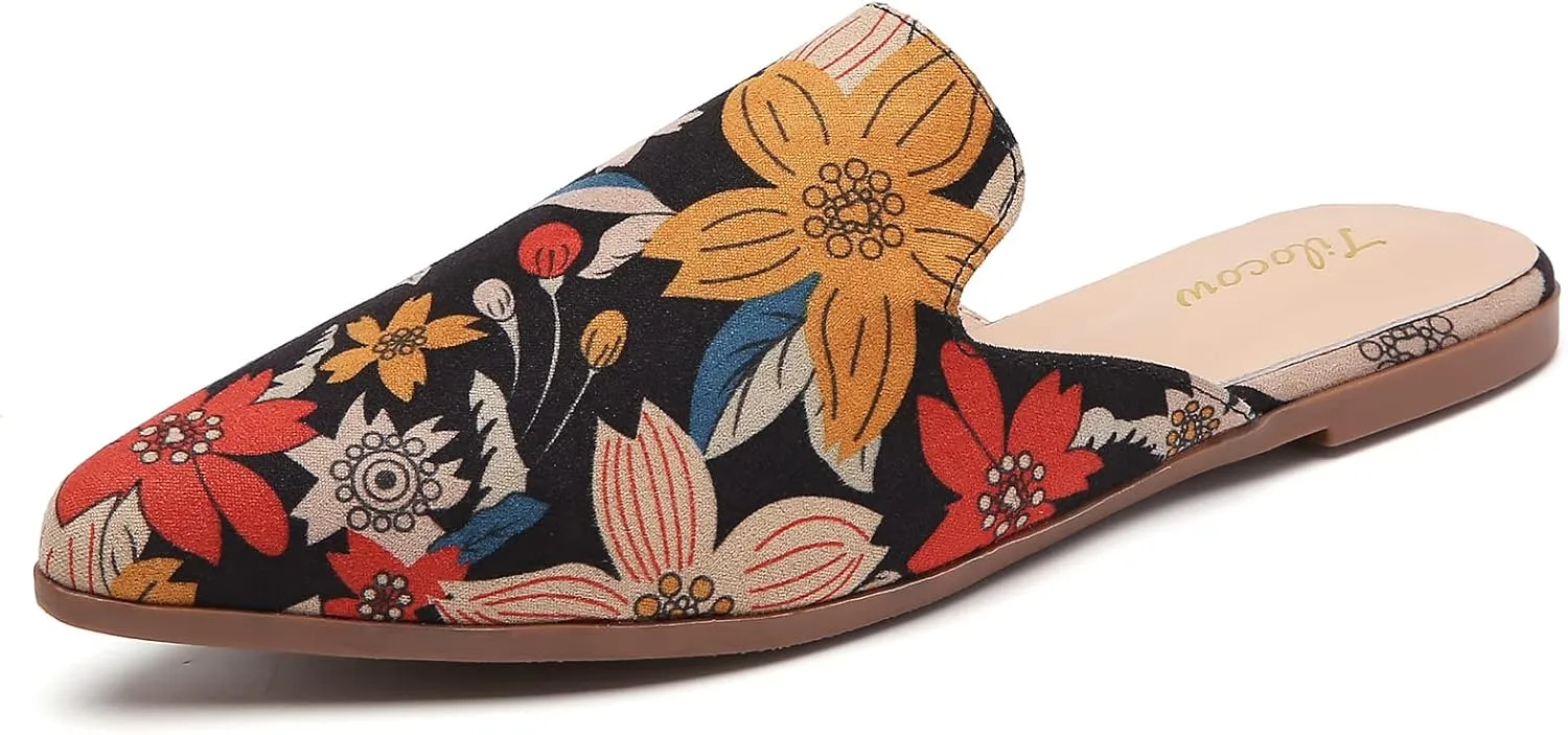 Tilocow Mules for Woman Comfortable Pointed Toe Backless Loafers Flat Mule Business Casual Shoes Slides Slip on