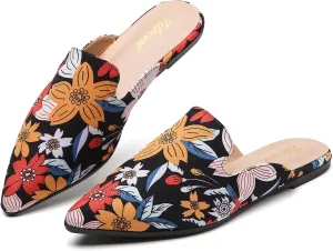 Tilocow Mules for Woman Comfortable Pointed Toe Backless Loafers Flat Mule Business Casual Shoes Slides Slip on