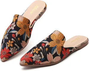 Tilocow Mules for Woman Comfortable Pointed Toe Backless Loafers Flat Mule Business Casual Shoes Slides Slip on