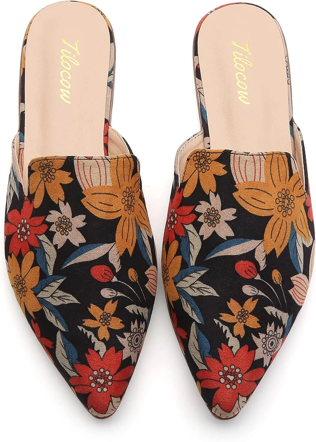 Tilocow Mules for Woman Comfortable Pointed Toe Backless Loafers Flat Mule Business Casual Shoes Slides Slip on