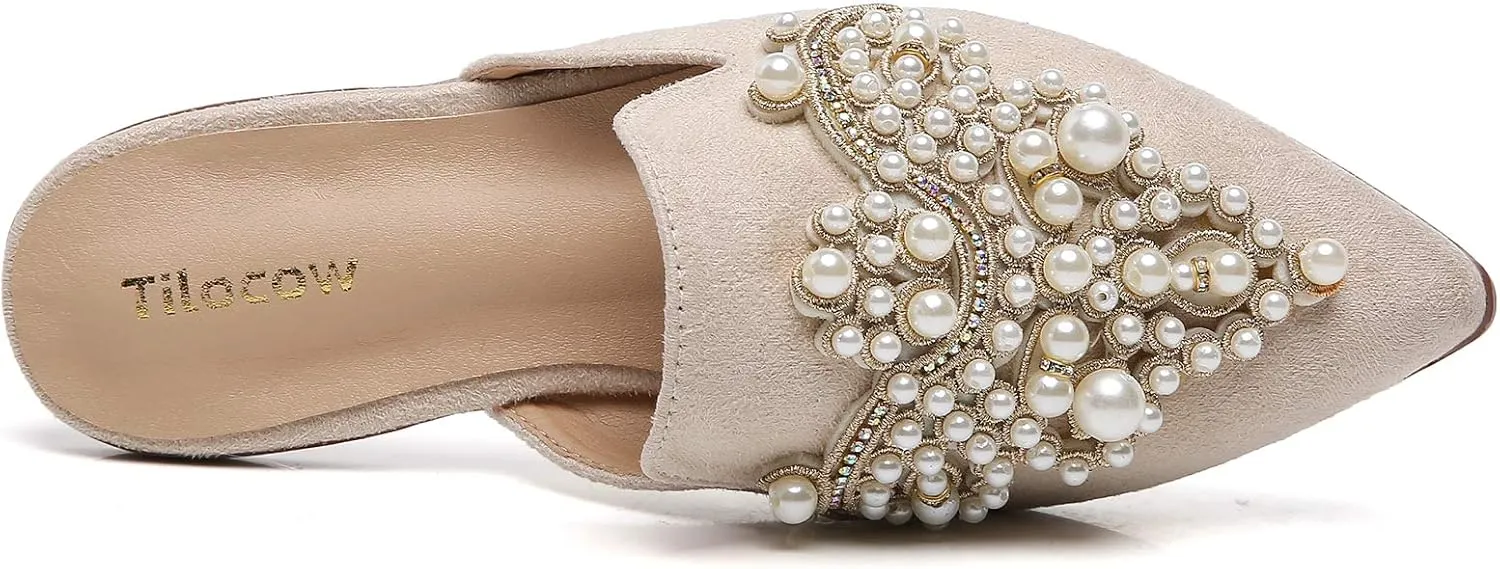 Tilocow Pearl Decor Mules for Women Flats Pointed Toe Backless Flat Slip On Slides Women's Mule Shoes