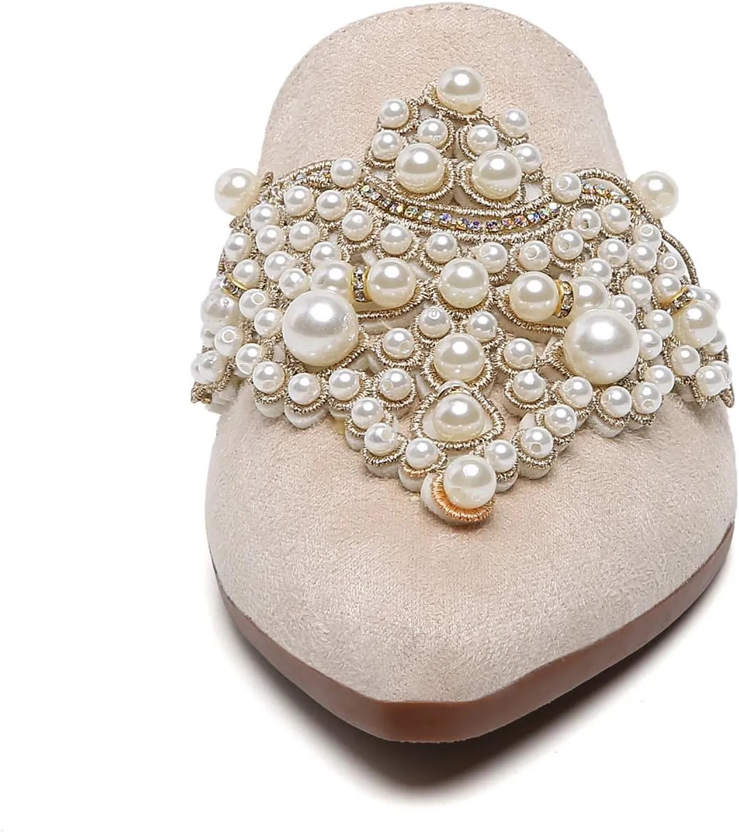 Tilocow Pearl Decor Mules for Women Flats Pointed Toe Backless Flat Slip On Slides Women's Mule Shoes
