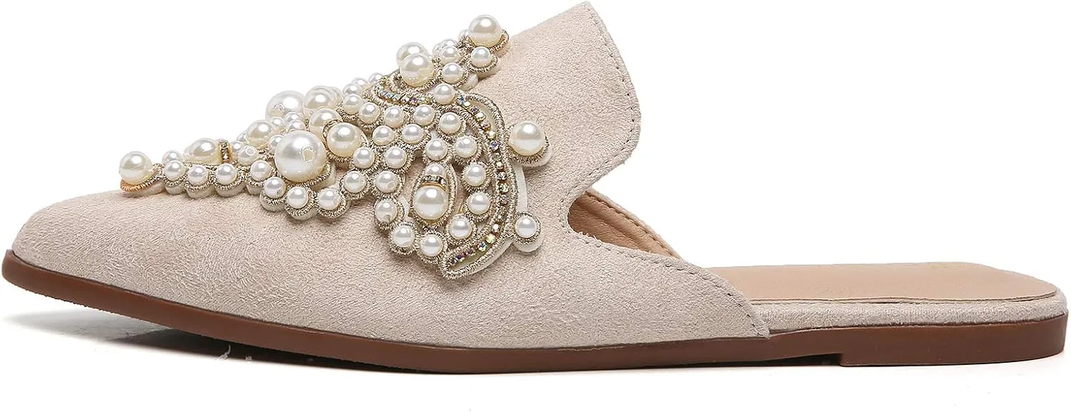 Tilocow Pearl Decor Mules for Women Flats Pointed Toe Backless Flat Slip On Slides Women's Mule Shoes