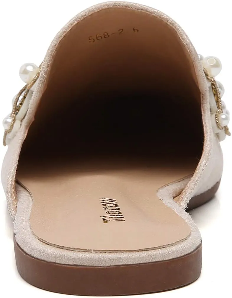 Tilocow Pearl Decor Mules for Women Flats Pointed Toe Backless Flat Slip On Slides Women's Mule Shoes