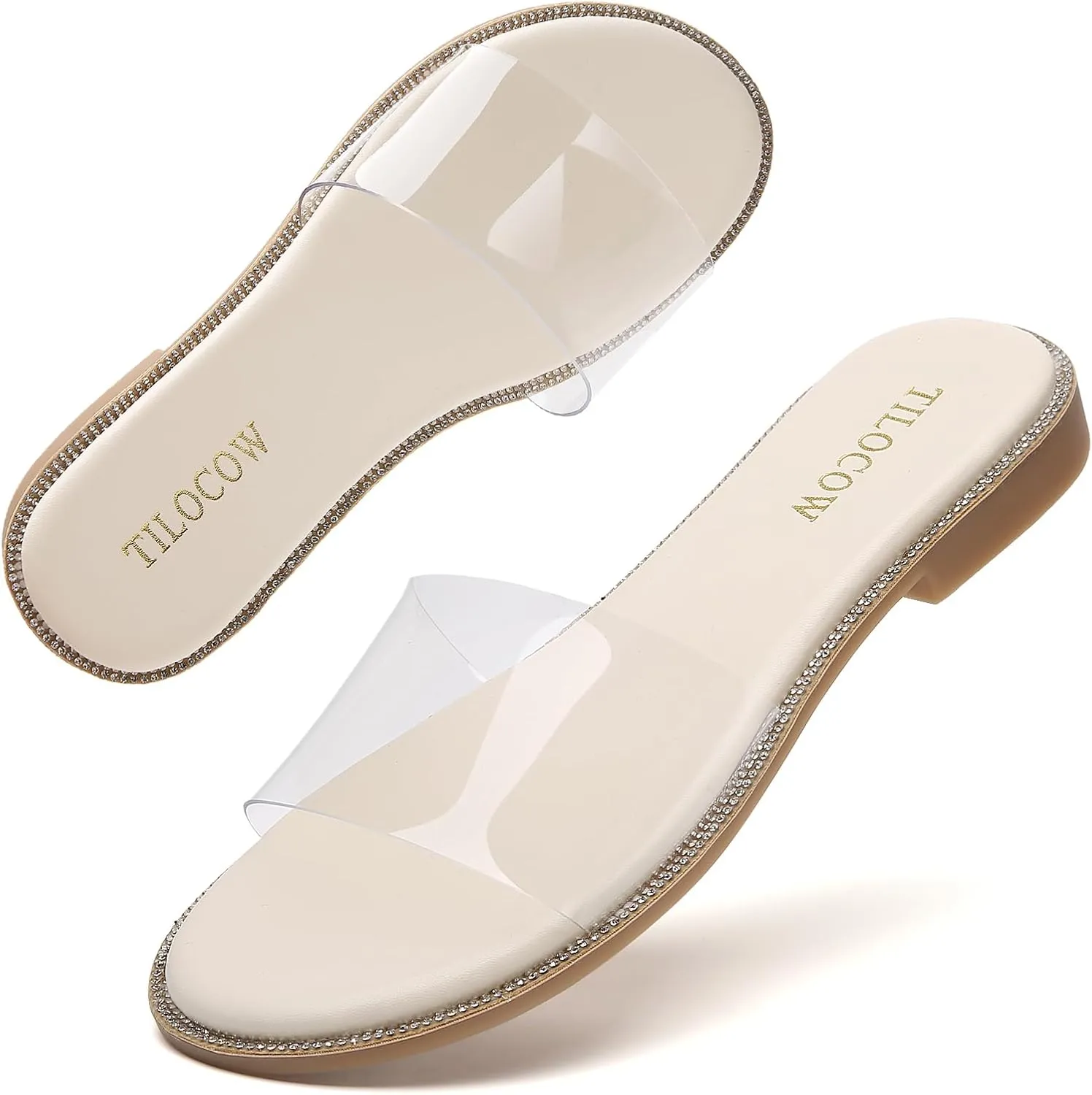 Tilocow Women Clear Sandals for Womens Rhinestone Decor Slides Slip on Bling Sandals Daily Casual Beach Summer Flat Shoes