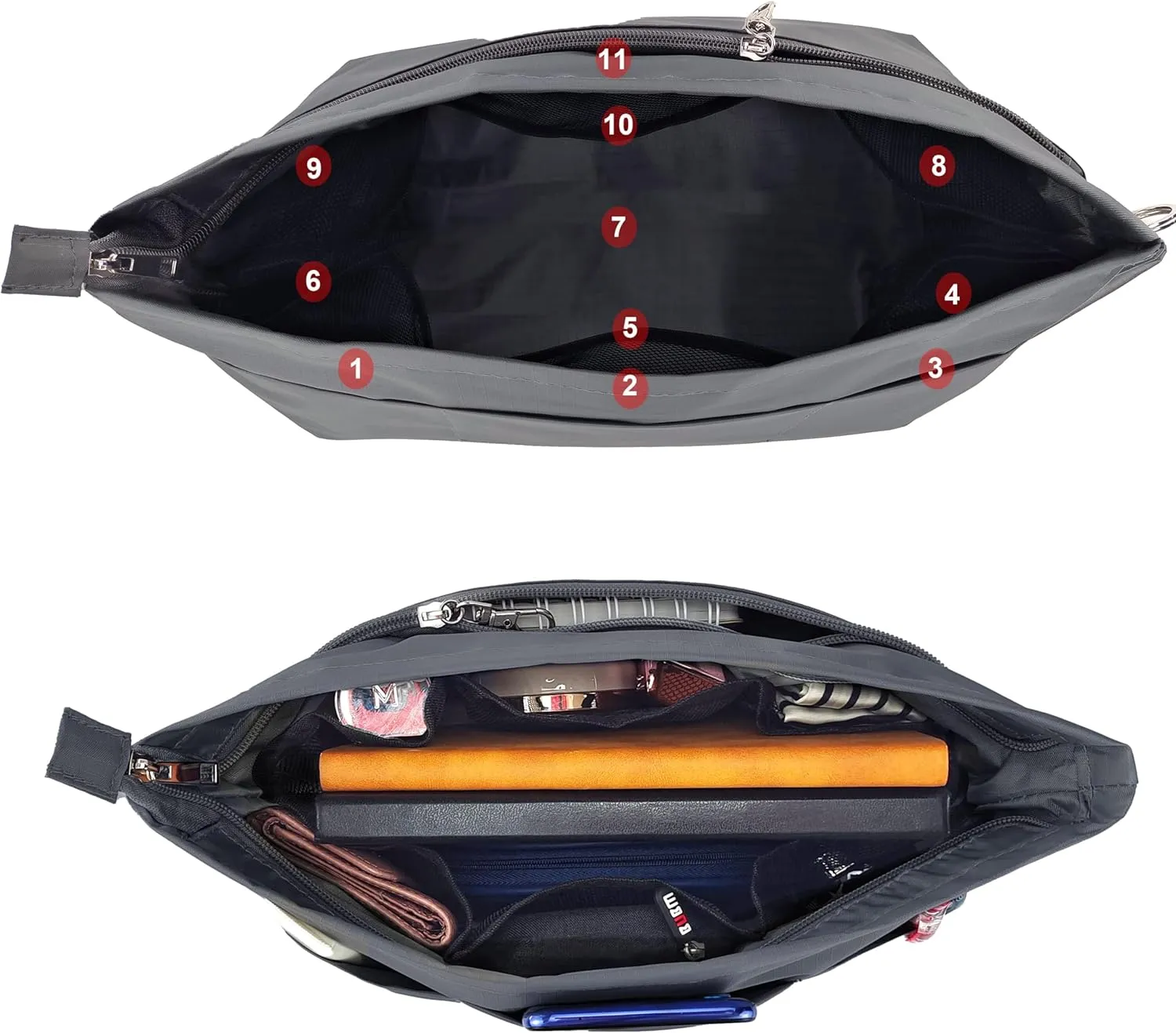 Time Wing Handbag Tote Purse Organizer Insert Bag Liner Shaper Divider Zipper 11 Pockets Compartments Medium Dark Grey