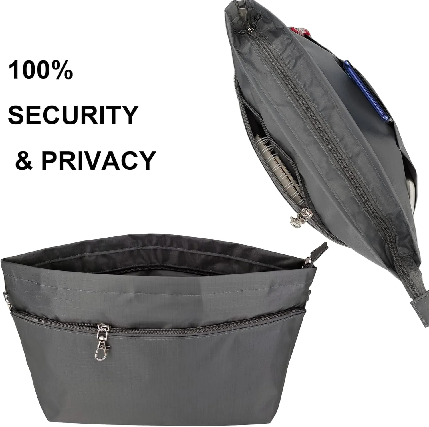 Time Wing Handbag Tote Purse Organizer Insert Bag Liner Shaper Divider Zipper 11 Pockets Compartments Medium Dark Grey