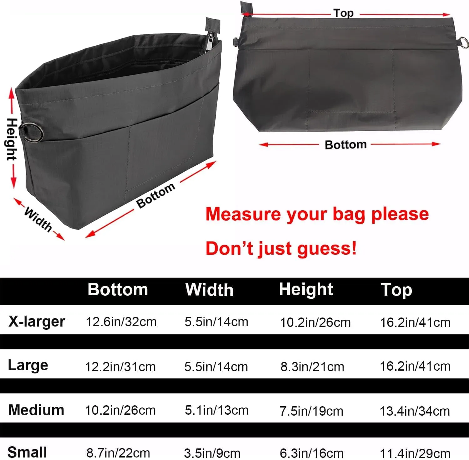 Time Wing Handbag Tote Purse Organizer Insert Bag Liner Shaper Divider Zipper 11 Pockets Compartments Medium Dark Grey