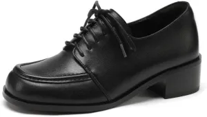 TinaCus Women's Genuine Leather Handmade Lace-Up Round Toe Block Heel Oxford Pumps Shoes