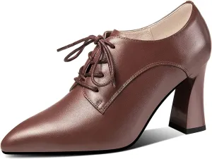 TinaCus Women's Genuine Leather Handmade Pointed Toe Spool Heel Lace Up Modern Oxford Pumps