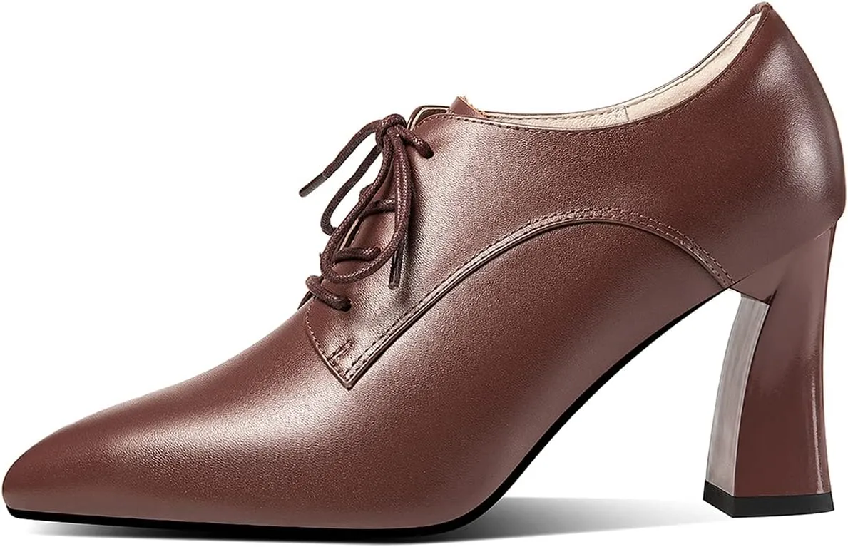TinaCus Women's Genuine Leather Handmade Pointed Toe Spool Heel Lace Up Modern Oxford Pumps