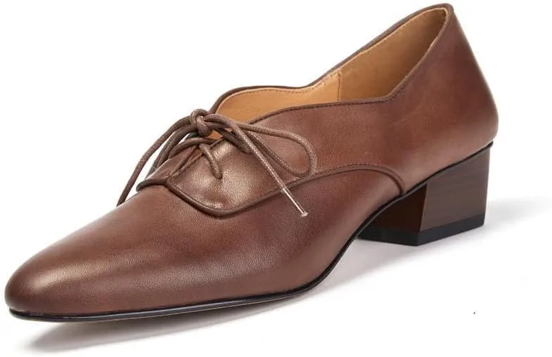 TinaCus Women's Genuine Leather Handmade Round Toe Lace Up Low Stacked Heel Oxford Shoes