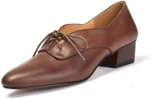 TinaCus Women's Genuine Leather Handmade Round Toe Lace Up Low Stacked Heel Oxford Shoes